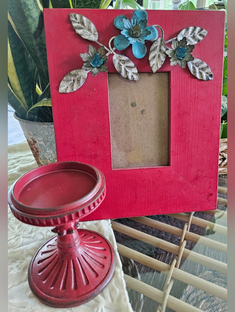 Red Farmhouse Picture Frame w/Metal Floral Design + Metal Candle Pillar Holder